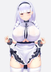 Rule 34 | 1girl, :o, absurdres, anchor choker, anchor necklace, apron, arm up, azur lane, black hairband, black panties, black skirt, blunt bangs, breasts, center frills, choker, clothes lift, clothing cutout, commentary request, cowboy shot, dido (azur lane), earrings, frilled apron, frilled choker, frilled skirt, frills, hairband, highres, jewelry, kanata (kanade pa), lace-trimmed hairband, lace trim, large breasts, lifting own clothes, long hair, maid apron, necklace, panties, parted lips, pulling own clothes, purple eyes, revision, shirt, side-tie panties, side-tie peek, silver hair, simple background, skirt, skirt lift, sleeveless, sleeveless shirt, solo, strap pull, thighhighs, underboob, underboob cutout, underwear, waist apron, white apron, white background, white shirt, white thighhighs