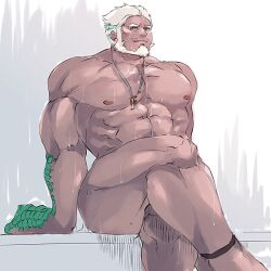 Rule 34 | 1boy, abs, aegir (housamo), arms at sides, bara, beard, completely nude, convenient leg, crossed legs, facial hair, feet out of frame, fins, fish boy, jewelry, large hands, large pectorals, looking up, male focus, mature male, multicolored hair, muscular, muscular male, mustache stubble, necklace, nipples, noramoso, nude, pectorals, short hair, sitting, smile, solo, stomach, streaked hair, stubble, thick eyebrows, thick thighs, thighs, tokyo houkago summoners, wet, white hair