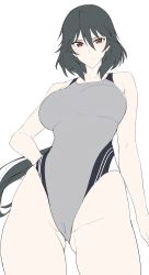 Rule 34 | 1girl, absurdres, black hair, blush, breasts, brown eyes, collarbone, competition swimsuit, flat color, hair between eyes, halcon, hand on own hip, highleg, highleg swimsuit, highres, infinite stratos, medium breasts, one-piece swimsuit, orimura chifuyu, ponytail, simple background, solo, swimsuit, two-tone swimsuit, white background