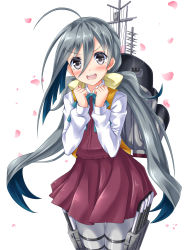 Rule 34 | 10s, 1girl, ahoge, blush, bow, bowtie, grey eyes, grey hair, hair ribbon, highres, kantai collection, kiyoshimo (kancolle), kyamu (qqea92z9n), long hair, long sleeves, looking at viewer, low twintails, open mouth, pantyhose, ribbon, skirt, smile, solo, twintails, very long hair