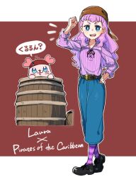 Rule 34 | 1girl, bandana, barrel, belt, black belt, black footwear, blue eyes, blue pants, bright pupils, capri pants, character name, clenched hand, collared shirt, english text, hand on own hip, heel up, highres, kururun (precure), laura la mer, long hair, long sleeves, looking at viewer, motion lines, notice lines, open mouth, pants, piku (another pikuru), pirate, pirates of the caribbean, precure, purple hair, purple shirt, purple socks, red bandana, red headwear, shirt, shoes, smile, socks, solo, standing, striped clothes, striped shirt, striped socks, translated, tropical-rouge! precure, white pupils