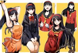 Rule 34 | 1girl, amagi yukiko, armpits, arms up, ascot, black hair, black pantyhose, black skirt, blush, bow, bowtie, breasts, brown eyes, brown footwear, cheerleader, cowboy shot, full body, glasses, hairband, highres, invisible chair, laughing, lips, loafers, long hair, long sleeves, looking at viewer, medium breasts, midriff, miniskirt, multiple views, nakano maru, open mouth, orange skirt, pantyhose, persona, persona 4, pom pom (cheerleading), red neckwear, red sweater, sailor collar, school uniform, serafuku, shoes, sidelocks, simple background, sitting, skirt, sleeveless, smile, standing, straight hair, sweater, thighs, yellow background, yellow neckwear