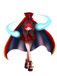 Rule 34 | 1girl, akichiasu, ankle boots, boots, cape, disembodied head, full body, hair ribbon, hitodama, looking at viewer, parted lips, red eyes, red hair, ribbon, sekibanki, short hair, simple background, solo, touhou, white background