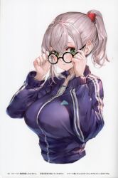 Rule 34 | 1girl, absurdres, black-framed eyewear, blue jacket, blush, bow, breasts, closed mouth, glasses, green eyes, hair bow, hands up, high ponytail, highres, holding, hololive, jacket, large breasts, long sleeves, looking at viewer, page number, parted lips, ponytail, scan, shirogane noel, short hair, simple background, solo, striped, track jacket, upper body, vertical stripes, virtual youtuber, watao, white hair, zipper, zipper pull tab