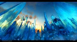 Rule 34 | artist name, blue sky, blue theme, cloud, crystal, dated, day, english text, gradient sky, ice, letterboxed, no humans, original, outdoors, scenery, signature, sky, sparkle, sunrise, transparent, twitter username, waisshu (sougyokyuu), watermark