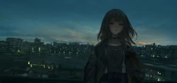 Rule 34 | 1girl, absurdres, blue eyes, blunt bangs, brown hair, choker, city lights, cityscape, cloud, cloudy sky, dusk, highres, jacket, lake, lm7 (op-center), original, outdoors, reflection, sky, solo, water