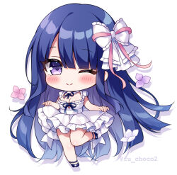 Rule 34 | 1girl, ;), blue footwear, blue hair, blue ribbon, blush, bow, breasts, cleavage, closed mouth, commentary request, dress, flower, frilled bow, frilled dress, frills, full body, hair between eyes, hair bow, high heels, long hair, medium breasts, mitsuba choco, neck ribbon, one eye closed, original, pink flower, pleated dress, purple eyes, purple flower, ribbon, shoes, sleeveless, sleeveless dress, smile, solo, standing, standing on one leg, twitter username, very long hair, white bow, white dress, white flower