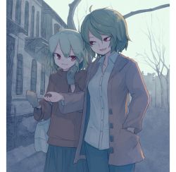 Rule 34 | 2girls, akira (cookie), alternate costume, bag, bare tree, brown jacket, brown sweater, building, collared shirt, commentary request, cookie (touhou), cowboy shot, gloves, green hair, green skirt, grey gloves, grey pants, hand in pocket, handbag, jacket, kazami yuuka, lamppost, long sleeves, looking at another, looking to the side, macota (cookie), mittens, miyako (naotsugu), multiple girls, open mouth, pants, pillarboxed, red eyes, shirt, short hair, skirt, sweater, touhou, tree, white shirt, wing collar