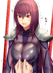 Rule 34 | 1girl, armor, blush, bodysuit, breasts, command spell, fate/grand order, fate (series), guchiota field, large breasts, long hair, nipple stimulation, nipple tweak, open mouth, purple bodysuit, purple hair, red eyes, scathach (fate), solo focus, trembling