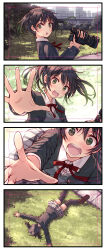 Rule 34 | 1girl, 4koma, black hair, black jacket, black thighhighs, blazer, blush, bow, bowtie, breasts, brown footwear, building, camera, checkered clothes, checkered skirt, comic, commentary request, day, embarrassed, faceplant, fallen down, gradient hair, grass, green eyes, green hair, grey skirt, grey vest, hair between eyes, hands up, highres, holding, holding camera, jacket, legs, long sleeves, looking at viewer, looking to the side, love live!, love live! nijigasaki high school idol club, medium breasts, medium hair, multicolored hair, multiple views, nijigasaki school uniform, open mouth, outdoors, outstretched arms, outstretched hand, park, red bow, red bowtie, school uniform, shirt, shoes, sidelocks, skirt, sweat, takasaki yu, thighhighs, thighs, tree, twintails, upper body, vest, white shirt, wind, wing collar, yakka, zettai ryouiki