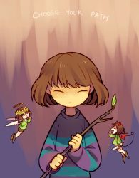 Rule 34 | @ @, ^ ^, androgynous, angel, angel and devil, angel wings, animated, animated gif, brown eyes, brown hair, chara (undertale), closed eyes, crazy eyes, crazy grin, demon, demon horns, demon tail, demon wings, english text, facepaint, fairy, flower wreath, frisk (undertale), gender request, grin, halo, holding, holding knife, horns, index finger raised, knife, leaf, open mouth, paprikasa, shirt, shorts, shoulder angel, smile, solid oval eyes, spoilers, stick, striped clothes, striped shirt, sweater, tail, undertale, white wings, wings