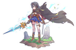Rule 34 | 1girl, black hair, blue eyes, blue skirt, boots, breasts, brown footwear, brown gloves, cloak, closed mouth, dual wielding, fantasy, full body, garter straps, gauntlets, gloves, grass, hair between eyes, holding, holding sword, holding weapon, legs apart, looking to the side, original, pouch, short hair, simple background, single gauntlet, single glove, skirt, small breasts, solo, standing, sword, tajima ryuushi, weapon, white background