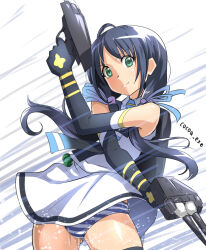 Rule 34 | 1girl, adapted turret, ahoge, artist name, black gloves, black hair, blue panties, cannon, cocoa (cocoa0191), dual wielding, elbow gloves, gloves, green eyes, hair ribbon, holding, kantai collection, long hair, low twintails, machinery, one-hour drawing challenge, panties, pantyshot, ribbon, solo, standing, striped clothes, striped panties, suzukaze (kancolle), thighhighs, turret, twintails, underwear, wind