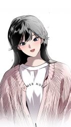 Rule 34 | 1girl, aishang ta de liyou, black hair, blue eyes, blush, jacket, lee duna, long hair, looking at viewer, open mouth, pink jacket, shirt, simple background, smile, solo, very long hair, white background, white shirt