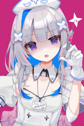 Rule 34 | 1girl, absurdres, amane kanata, amane kanata (nurse), apron, bandaged arm, bandages, blue hair, blunt bangs, colored inner hair, detached collar, dress, flat chest, frilled apron, frills, gloves, grey dress, grey hair, hair ornament, hat, highres, holding, holding syringe, hololive, id card, lanyard, long hair, looking at viewer, multicolored hair, nurse, nurse cap, official alternate costume, official alternate hair length, official alternate hairstyle, open mouth, pink background, pink hair, puffy short sleeves, puffy sleeves, purple eyes, short sleeves, signature, simple background, single hair intake, solo, streaked hair, syringe, upper body, virtual youtuber, white apron, white gloves, white hat, wing collar, x hair ornament, xivi9