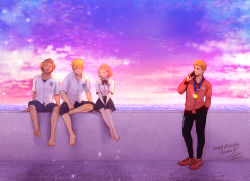 Rule 34 | 1boy, aged up, bare legs, barefoot, black pants, blonde hair, bob cut, bow, bowtie, brown hair, character name, chiroru, collared shirt, dated, dress shirt, english text, facing viewer, fujiyama arashi, gradient sky, habataki academy school uniform, hand in pocket, happy birthday, highres, holding, holding phone, horizon, jacket, japanese flag, light particles, long sleeves, looking to the side, medal, miniskirt, niina junpei, ocean, orange hair, pants, pants rolled up, phone, pleated skirt, protagonist (tokimemo gs3), red bow, red bowtie, red footwear, red jacket, remembering, school uniform, shirt, shoes, short hair, short sleeves, sitting, skirt, sky, smile, spiked hair, standing, talking on phone, tokimeki memorial, tokimeki memorial girl&#039;s side 3rd story, white shirt