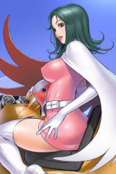 Rule 34 | 1girl, belt, boots, breasts, cape, dress, elbow gloves, gatchaman, gloves, green eyes, green hair, helmet, jun the swan, large breasts, lips, matching hair/eyes, sano toshihide, short dress, sitting, skin tight, solo, tatsunoko production, thigh boots, thighhighs, zettai ryouiki