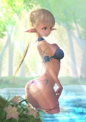 Rule 34 | 1girl, arched back, armlet, armor, ass, bad id, bad pixiv id, bathing, belly chain, bikini, bikini armor, blonde hair, blue bikini, blue eyes, braid, breasts, chain, collar, day, elf, flower, forest, from side, hair bun, hand on own chest, highres, jewelry, large breasts, light rays, lily (flower), long hair, looking away, micro bikini, nature, original, outdoors, pointy ears, pond, pondack, ring, single hair bun, solo, swimsuit, thigh strap, very long hair, wading, water