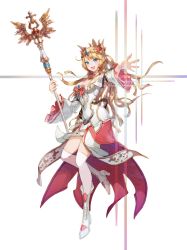 Rule 34 | 1girl, :d, artemia (king&#039;s raid), belt, blonde hair, blue eyes, blush, boots, breasts, cleavage, crown, detached collar, dress, floating hair, full body, high heel boots, high heels, highres, holding, holding staff, king&#039;s raid, large breasts, long hair, long sleeves, looking at viewer, loose belt, official art, open mouth, outstretched arm, sidelocks, simple background, smile, solo, staff, thighhighs, transparent background, very long hair, waist cape, white dress, white footwear, white thighhighs, wide sleeves