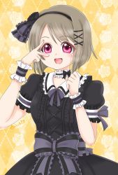 Rule 34 | 1girl, around the world (love live!), artist name, artist request, black bow, black dress, black flower, black hairband, black ribbon, black skirt, black wrist cuffs, blush, bow, bowtie, breasts, brown hair, center frills, clenched hand, close-up, collarbone, collared dress, cross-laced clothes, cross-laced dress, detached collar, dress, dress bow, female focus, flower, flower print, frilled cuffs, frills, grey bow, grey hair, grey skirt, hair bow, hair flower, hair ornament, hairband, highres, light brown hair, looking at viewer, love live!, love live! nijigasaki high school idol club, love live! school idol festival, love live! school idol festival all stars, miniskirt, nakasu kasumi, neck ribbon, parted lips, pink eyes, plaid, plaid dress, plaid skirt, pleated, pleated dress, pleated skirt, puffy short sleeves, puffy sleeves, purple eyes, ribbon, short hair, short sleeves, skirt, small breasts, smile, solo, v, v over eye, white detached collar, white skirt, wrist cuffs, x hair ornament, yellow background