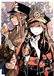 Rule 34 | 1boy, 1girl, :d, brother and sister, brown eyes, brown hair, crazy straw, dated, drinking straw, fate (series), fireworks, floral print, hat, highres, holding, japanese clothes, kimono, limited palette, long hair, looking at viewer, obi, oda nobukatsu (fate), oda nobunaga (fate), oda nobunaga (koha-ace), open mouth, peaked cap, rioka (southern blue sky), sash, siblings, smile, twitter username