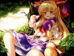 Rule 34 | 1girl, alcohol, blonde hair, blush, bow, chain, cloud, cloudy sky, cup, fang, gengetsu chihiro, gourd, hair bow, highres, horn ornament, horn ribbon, horns, ibuki suika, in tree, long hair, looking at viewer, low-tied long hair, navel, open clothes, open mouth, open shirt, red eyes, ribbon, sakazuki, sake, shirt, sitting, sitting in tree, skirt, sky, sleeveless, sleeveless shirt, smile, solo, touhou, tree, very long hair, wrist cuffs