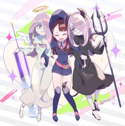 Rule 34 | 10s, 3girls, alternate costume, angel, angel and devil, angel wings, boots, bright pupils, brown hair, demon girl, demon tail, demon wings, evil smile, girl sandwich, hair over one eye, halo, hat, kagari atsuko, komoreg, little witch academia, locked arms, long hair, multiple girls, multiple persona, oversized object, polearm, red eyes, sandwiched, smile, sucy manbavaran, sweatdrop, syringe, tail, trident, twitter username, weapon, white pupils, wings, witch, witch hat