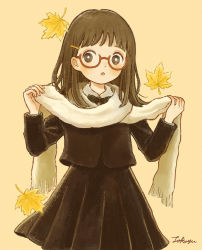 Rule 34 | 1girl, :o, autumn, autumn leaves, blush, brown eyes, brown hair, glasses, hair ornament, hairclip, highres, holding, holding clothes, holding scarf, long hair, long sleeves, looking to the side, open mouth, original, pleated skirt, red-framed eyewear, scarf, school uniform, signature, skirt, solo, tokoyu