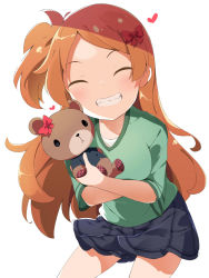 Rule 34 | 1girl, ^ ^, black skirt, blush, bow, breasts, brown hair, closed eyes, commentary request, facing viewer, green shirt, grin, hair bow, heart, highres, holding, holding stuffed toy, idolmaster, idolmaster million live!, long hair, makuran, ogami tamaki, one side up, parted bangs, red bow, shirt, simple background, skirt, small breasts, smile, solo, stuffed animal, stuffed toy, teddy bear, very long hair, white background