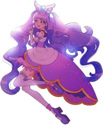 Rule 34 | 1girl, aqua eyes, commentary, cure majesty, dress, elbow gloves, ellee-chan, eyelashes, fpminnie1, gloves, hair ornament, happy, highres, hirogaru sky! precure, long hair, looking at viewer, magical girl, precure, purple dress, purple footwear, purple hair, smile, solo, symbol-only commentary, thighhighs, thighs, very long hair, white background