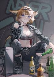 Rule 34 | 1girl, aciddrop (arknights), ahoge, animal ears, arknights, beer bottle, bird ears, black choker, black footwear, black jacket, black pants, blue eyes, boombox, boots, bottle, breasts, brown hair, choker, cleavage, closed mouth, collarbone, corona (brand), glass bottle, goggles, goggles on head, hand on own face, highres, holding, holding bottle, jacket, large breasts, midriff, navel, open clothes, open jacket, pants, smile, solo, squatting, wuzhihuijia