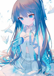 Rule 34 | 1girl, ainy, bird, blue eyes, blue hair, blue theme, brown hair, closed mouth, cup, drinking glass, hair ribbon, heart o-ring, highres, holding, holding cup, long hair, multicolored hair, original, polka dot, ribbon, shirt, simple background, symbol-only commentary, twitter username, two-tone hair, water, white background, white shirt