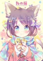 Rule 34 | 1girl, animal ears, aqua eyes, bow, brown hair, can, cat ears, cat tail, drink can, ech, hair bow, jacket, long sleeves, looking at viewer, original, scarf, smile, soda can, solo, tail, upper body