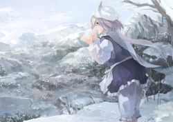 Rule 34 | 1girl, apron, bad id, bad twitter id, bare tree, blue dress, blue sky, breath, cliff, cloud, day, dress, forest, from side, hat, ichiba youichi, lake, letty whiterock, light purple hair, long sleeves, mountain, nature, pants, purple eyes, scarf, scenery, see-through, shirt, short hair, shouting, sky, sleeveless, sleeveless dress, smile, snow, solo, standing, touhou, tree, waist apron, white hat, white pants, white shirt