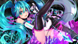 Rule 34 | 1girl, animal ear headphones, animal ears, blue eyes, blue hair, cat ear headphones, elbow gloves, fake animal ears, fetal position, floating hair, gloves, hair between eyes, hatsune miku, headphones, highres, holding, holding microphone, kakitsubata anko, looking at viewer, microphone, open mouth, screen, thighhighs, thighs, vocaloid, white gloves