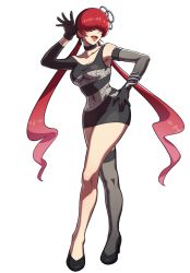 Rule 34 | 1girl, alternate costume, black dress, breasts, curvy, dress, elbow gloves, full body, gloves, hair over eyes, hip focus, legs, long hair, official art, ogura eisuke, red hair, shermie (kof), short dress, smile, snk, snk heroines: tag team frenzy, solo, the king of fighters, thick thighs, thighhighs, thighs, transparent background, wide hips
