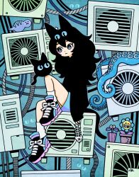Rule 34 | 1girl, :3, air conditioner, animal ears, aqua theme, black footwear, black hair, black shirt, blue eyes, blue skirt, blush stickers, bright pupils, cable, cat ears, cat girl, cat tail, closed mouth, commentary request, creature, dot mouth, extra ears, fish bone, flower, flower pot, foot up, full body, garouma, highres, holding, long hair, long sleeves, loose socks, original, plant, potted plant, shirt, shoes, signature, sitting, skirt, sleeves past wrists, sneakers, socks, solo, suction cups, tail, tentacles, wavy hair, white pupils, white socks