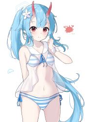 Rule 34 | 1girl, bare shoulders, bikini, blue archive, blue hair, blush, chise (blue archive), chise (swimsuit) (blue archive), closed mouth, commentary request, flower, groin, hair flower, hair ornament, halo, hand up, highres, horns, kitsune moriao, long hair, looking at viewer, navel, oni, oni horns, ponytail, red eyes, sailor collar, see-through, side-tie bikini bottom, simple background, smile, solo, standing, striped bikini, striped clothes, swimsuit, very long hair, white background, white flower, white sailor collar