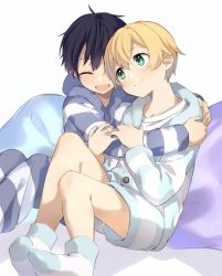 Rule 34 | 2boys, :d, aged down, black eyes, black hair, blonde hair, blue eyes, blush, closed eyes, closed mouth, commentary request, eugeo, green eyes, highres, hug, kirito, long hair, long sleeves, looking at another, male focus, multiple boys, no shoes, noro (ro no), open mouth, pajamas, pillow, short hair, sitting, smile, socks, striped clothes, striped pajamas, sword art online, sword art online: alicization