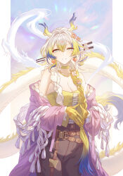 1girl :d absurdres arknights bare_shoulders blonde_hair blue_hair braid breasts brown_pants choker cleavage colored_extremities cowboy_shot dragon dragon_girl dragon_horns dragon_tail earrings eastern_dragon flower frills fruit_earrings green_eyes grin hair_between_eyes hair_flower hair_intakes hair_ornament hair_over_shoulder highres horns innoarukugyou jewelry lens_flare long_hair looking_at_viewer medium_breasts multicolored_hair off_shoulder official_alternate_costume open_mouth own_hands_together pants pink_pupils pointy_ears shawl shirt shu_(arknights) shu_(spring_feast)_(arknights) smile solo standing steepled_fingers tail tassel white_hair white_shawl yellow_choker yellow_shirt