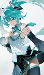 Rule 34 | absurdly long hair, ahoge, aqua eyes, aqua hair, aqua necktie, bare shoulders, black skirt, breasts, closed mouth, collared shirt, commentary, detached sleeves, floating hair, grey shirt, hair between eyes, hair ornament, hand on own chest, hatsune miku, highres, jiu ye sang, lace, lace-trimmed shirt, lace trim, light smile, long hair, looking at viewer, medium breasts, necktie, neon trim, pleated skirt, shirt, simple background, skirt, smile, solo, standing, tattoo, twintails, very long hair, vocaloid, white background