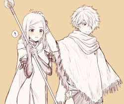 Rule 34 | 1boy, 1girl, blush, dress, gloves, headpat, jewelry, long hair, monochrome, octopath traveler, octopath traveler i, ophilia (octopath traveler), scarf, short hair, simple background, smile, staff, therion (octopath traveler), wspread