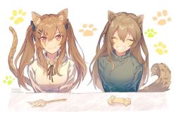Rule 34 | 2girls, animal ears, brown hair, cat ears, cat tail, closed eyes, closed mouth, commentary request, dog ears, dog tail, girls&#039; frontline, hair between eyes, hair ornament, hairclip, long hair, looking at viewer, moa (21energy12), multiple girls, paw print, paw print background, scar, scar across eye, scar on face, tail, teeth, twintails, twitter username, ump9 (girls&#039; frontline), white background