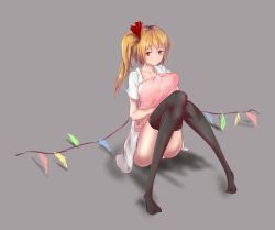 Rule 34 | 1girl, alternate costume, asymmetrical hair, asymmetrical wings, black thighhighs, blonde hair, blouse, flandre scarlet, highres, hugging object, looking at viewer, lumo 1121, open clothes, open shirt, pillow, pillow hug, red eyes, shirt, side ponytail, simple background, sitting, smile, solo, thighhighs, thighs, touhou, white shirt, wings