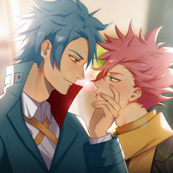 Rule 34 | 2boys, anaido, aoi harusumi, blue hair, eye contact, formal, green eyes, highres, id invaded, looking at another, male focus, messy hair, multiple boys, pink hair, pursed lips, sakaido, scarf, suit, upper body, yellow eyes, yellow scarf