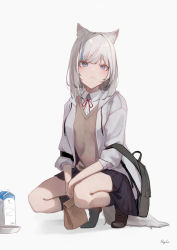 Rule 34 | 1girl, backpack, bad id, bad twitter id, bag, basket, black skirt, black socks, blue eyes, blue hair, brown footwear, collared shirt, commentary request, drawstring, dress shirt, full body, grey background, grey jacket, highres, holding, holding basket, hood, hood down, hooded jacket, jacket, loafers, long sleeves, looking at viewer, mayogii, milk carton, multicolored hair, neck ribbon, open clothes, open jacket, original, paper bag, pleated skirt, red ribbon, ribbon, shirt, shoes, simple background, skirt, socks, solo, streaked hair, sweater vest, tiptoes, white shirt