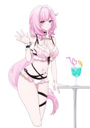 Rule 34 | 1girl, absurdres, bare shoulders, bikini, blue eyes, bow, breasts, cleavage, closed mouth, commentary request, crazy straw, cropped legs, cup, drinking glass, drinking straw, elysia (honkai impact), flower, frilled bikini, frills, hair ornament, hairclip, hand up, heart straw, highres, honkai (series), honkai impact 3rd, long hair, looking at viewer, medium breasts, navel, pink bikini, pink hair, pointy ears, qing231, simple background, smile, solo, swimsuit, table, very long hair, white background, white bow, white flower, wrist cuffs, x hair ornament