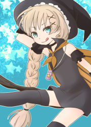 Rule 34 | 10s, 1girl, 6269, blonde hair, blue eyes, braid, hat, mahou shoujo ikusei keikaku, mahou shoujo ikusei keikaku unmarked, solo, star (symbol), tongue, tongue out, top speed, twin braids, witch, witch hat