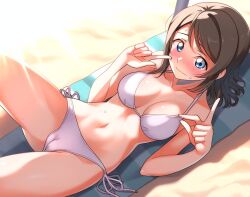 Rule 34 | 1girl, abs, beach, bikini, blue eyes, blush, breasts, brown hair, business news3, cameltoe, cleft of venus, looking at viewer, love live!, love live! sunshine!!, short hair, solo, stomach, swimsuit, thighs, watanabe you, wavy hair