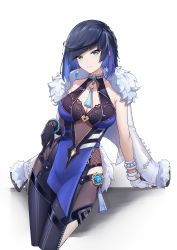 Rule 34 | 1girl, absurdres, asymmetrical gloves, bare shoulders, black hair, black pants, blue dress, blue hair, bob cut, breasts, cleavage, cleavage cutout, clothing cutout, diagonal bangs, dice, dress, earrings, female focus, fur-trimmed jacket, fur trim, genshin impact, gloves, green eyes, highres, jacket, jacket on shoulders, jewelry, large breasts, looking at viewer, mismatched gloves, mole, mole on breast, multicolored hair, neck ring, pants, parted lips, pendant, short hair, simple background, solo, sukaliya, tassel, thighs, tight clothes, tight pants, two-tone hair, vision (genshin impact), white jacket, yelan (genshin impact)